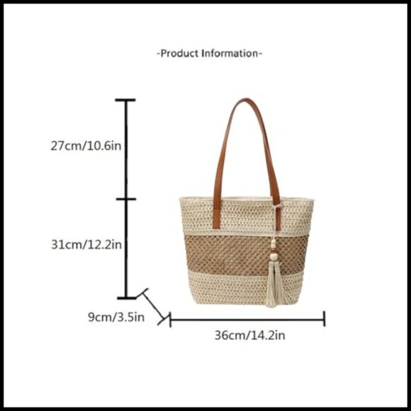 Straw Tote Handbag Handwoven Shoulder Bag Beach Summer Tassels Large Capacity - Picture 7 of 7